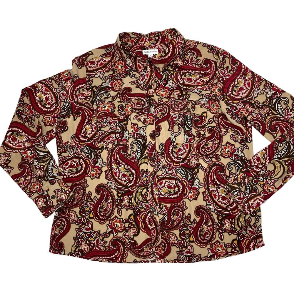 Croft & Barrow Women's Top XL Red Paisley Print Button Down Blouse Long Sleeves - Picture 5 of 8
